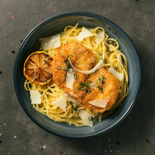Golden-fried chicken cutlets on a bed of spaghetti with parmesan, herbs, and a grilled lemon.